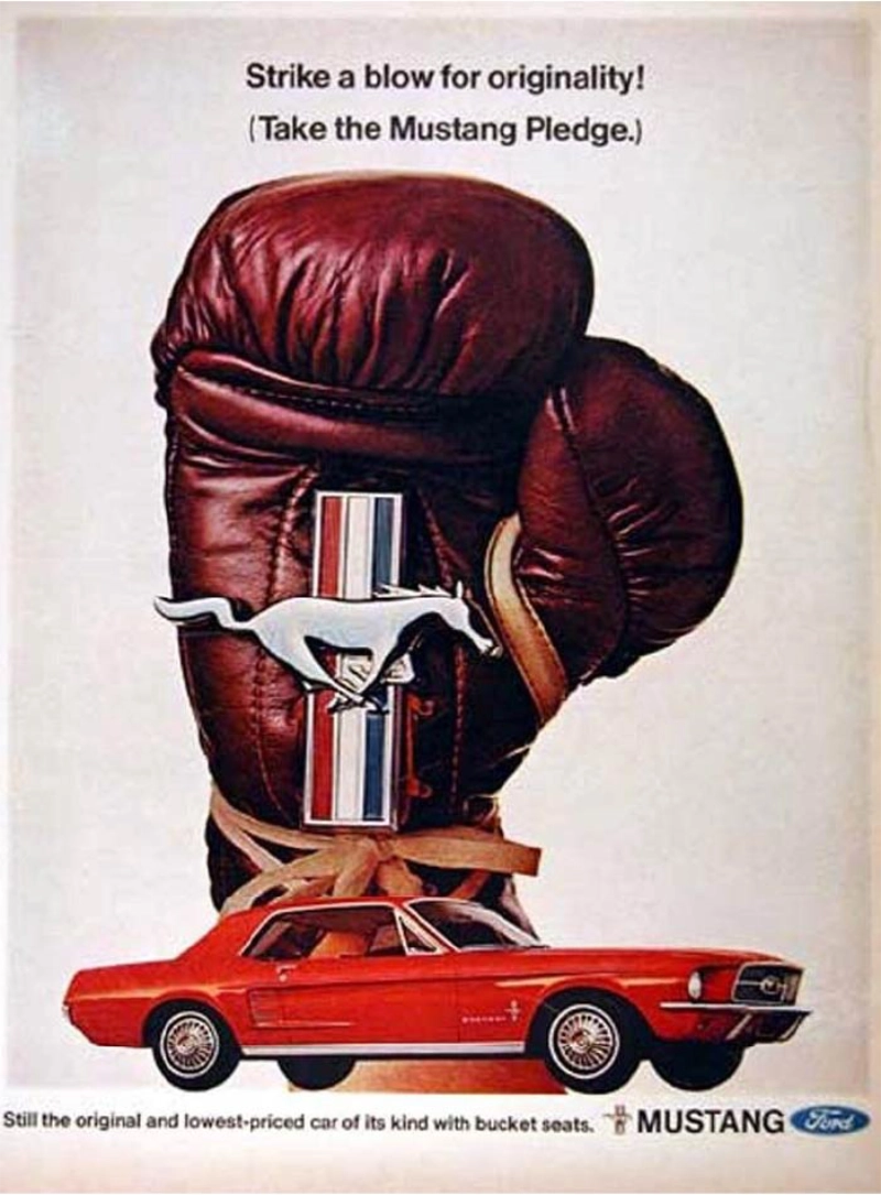 Ford Mustang vintage auto ad; Strike a blow